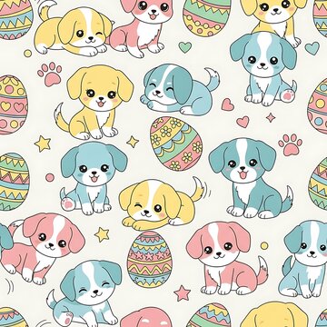 Cute cartoon easter puppies and eggs seamless pattern, adorable dog illustrations in pastel colors for holiday design, baby animal, gift wrap trending, high quality, 4K