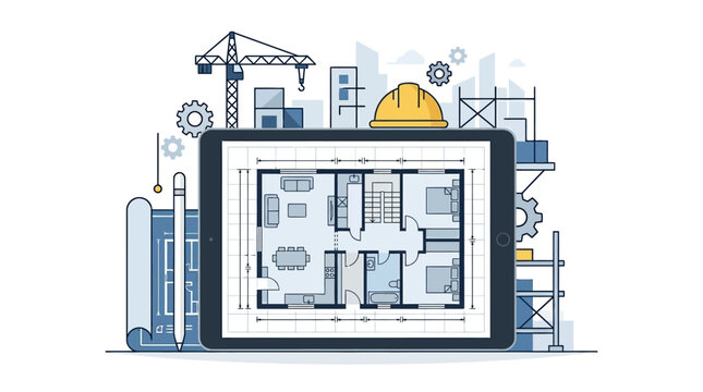 Architectural House Floor Plan on Digital Tablet with Construction Crane and Engineering Icons. Modern Blueprint Design and Urban Planning Concept Illustration.