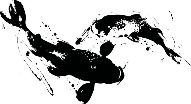 black and white koi fish ink splash art traditional japanese illustration with water brush strokes