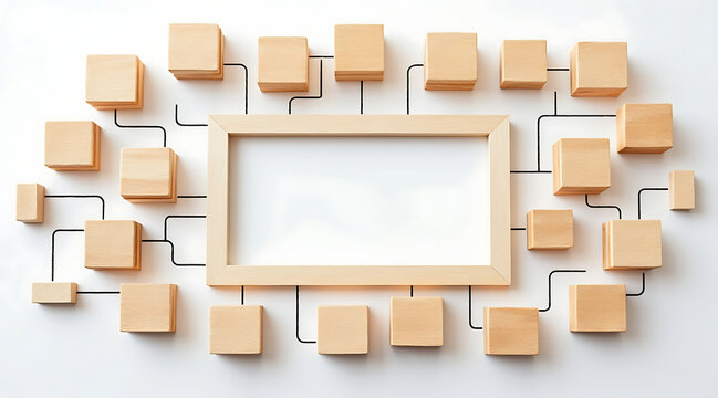 Wooden block network organizational chart blank central frame hierarchy diagram connection lines minimalist design business concept teamwork