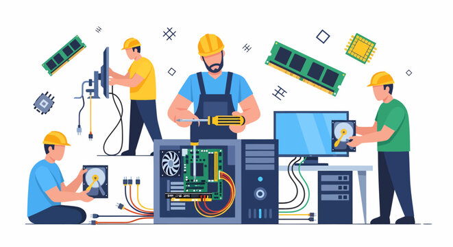 Technicians working on computer hardware.