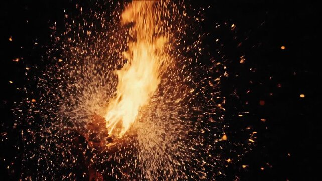 Dynamic radiant spark flutter on black concept. Bright orange fire sparks flying in dark background with glowing flame explosion effect