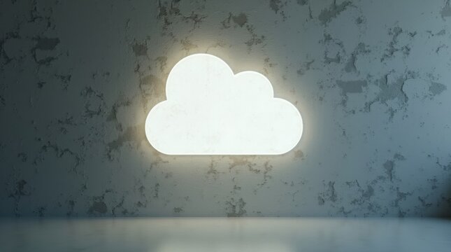 El icono de la nube se proyecta como una sombra de luz suave y sutil sobre una pared texturizada con piedra natural