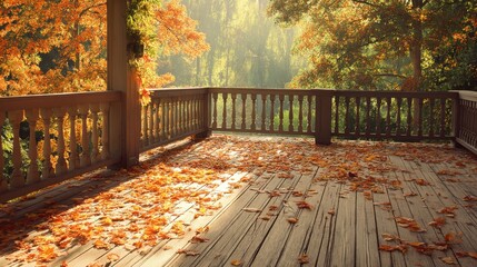 Naklejka premium Wooden terrace view with scattered autumn leaves. Porch overlooking forest landscape during fall sunny day. Seasonal background for tranquil home living and cozy retirement relaxation mood.