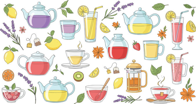 Herbal tea collection with teapots cups lemon lavender berries and natural drinks illustration set
