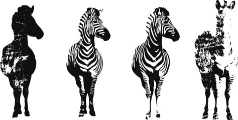 Naklejka premium black and white stylized animal silhouettes with zebra and giraffe figures in creative patterns