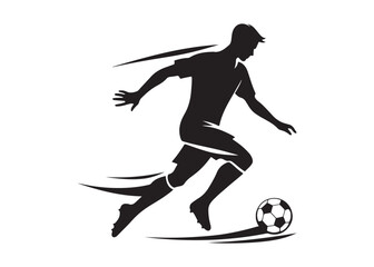 Obraz premium footballer player logo silhouette vector, footballer player logo icon silhouette, black vector of soccer player silhouette, football player shoot silhouette logo on isolated white background.