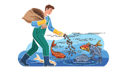 Man Feeding Fish: A person stands on a water's edge, delicately scattering feed to a collection of fish beneath the surface. a scene of harmonious interaction between man and aquatic life. © Mohiuddin123