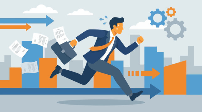 Business rush a determined man races against time with rising charts and gears symbolizing progress and productivity