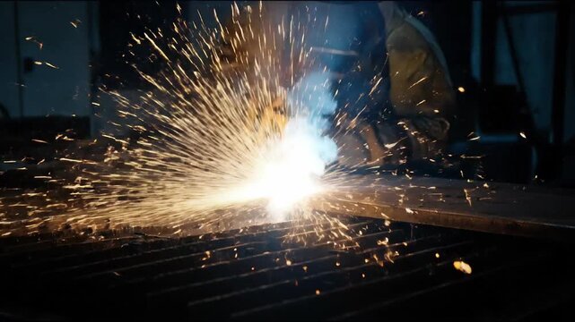 Dynamic radiant spark flutter on black concept. Close up of bright welding sparks with industrial metalwork in workshop environment