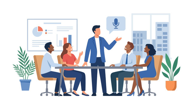 Dynamic diverse business team collaborating in a modern office, with a leader presenting innovative ideas and fostering effective communication during a strategic discussion