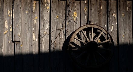 Obraz premium Old wooden wagon wheel silhouette against weathered wood wall