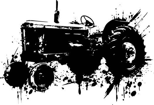 vintage tractor silhouette with paint splatter design, agricultural farming machinery concept