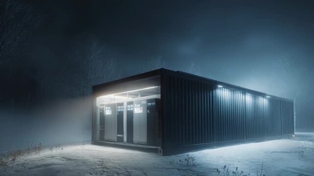 Industrial modular data center glowing with artificial light in a dark, cold, foggy forest landscape during winter, representing technology, compute power, and cloud infrastructure