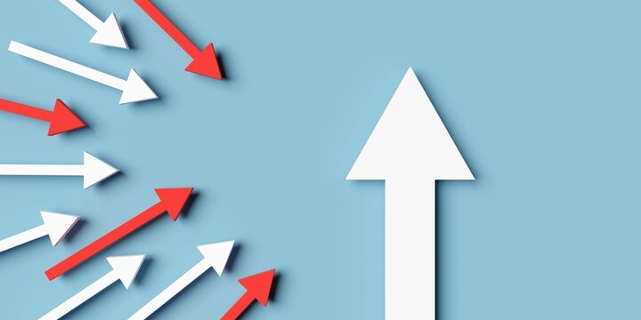 Many small red and white arrows pointing to main bold white arrow, business team leadership or direction concept