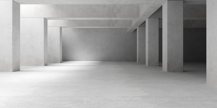 Concrete brutalism room, modern empty interior with row of pillars and beams - industrial interior background template