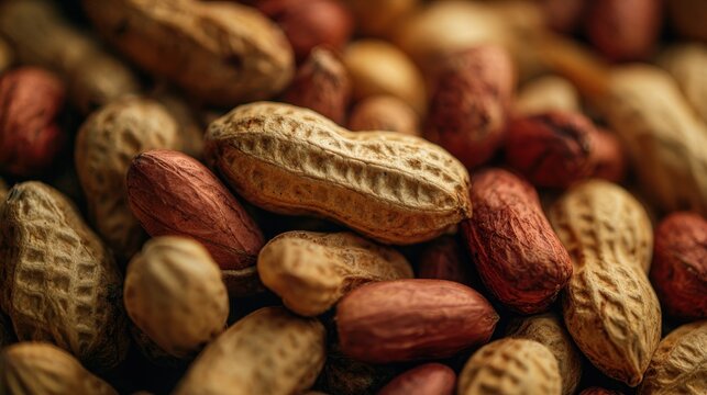 Closeup of roasted peanuts in shells with healthy snack food.