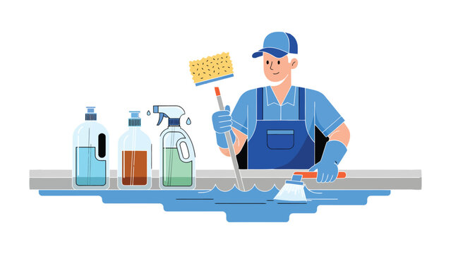 Custodian in Action: A dedicated custodian, equipped with cleaning supplies, meticulously sanitizes a surface, embodying cleanliness and hygiene.