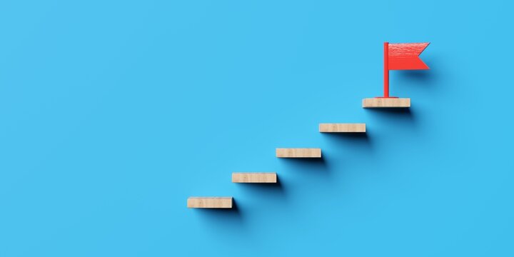Wooden steps leading to red flag target or goal on blue background, business goal or target achievement concept