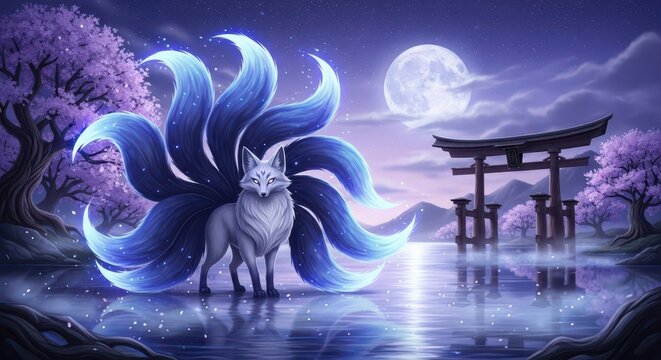 Mythical nine tailed celestial animal stands beside tranquil water under a luminous full moon