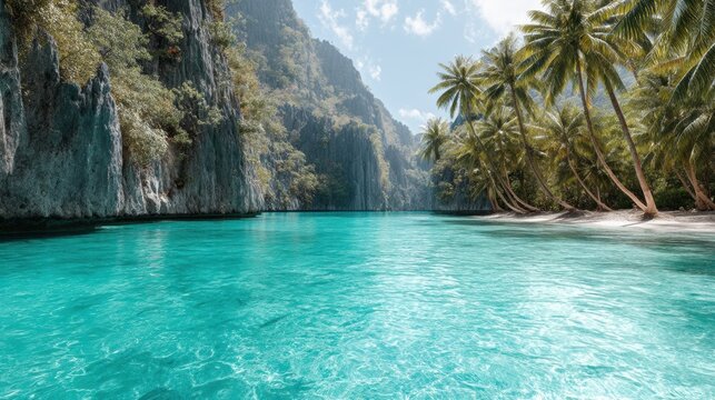 Turquoise tropical lagoon with limestone cliffs and leaning palm trees on secluded beach