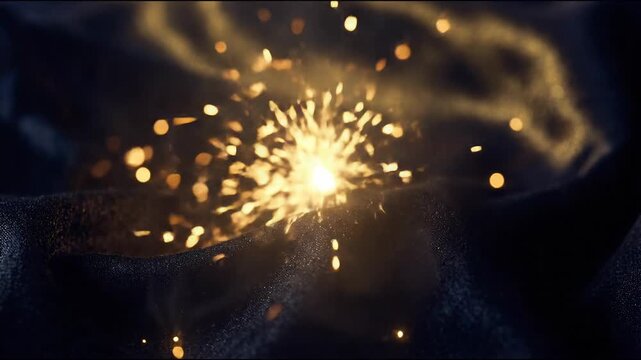 Dynamic radiant spark flutter on black concept. Bright golden sparks exploding from a glowing firework or sparkler with dark background