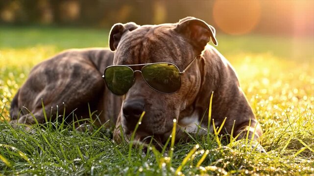 A brown dog wearing sunglasses lies on green grass in a sunny outdoor setting.
