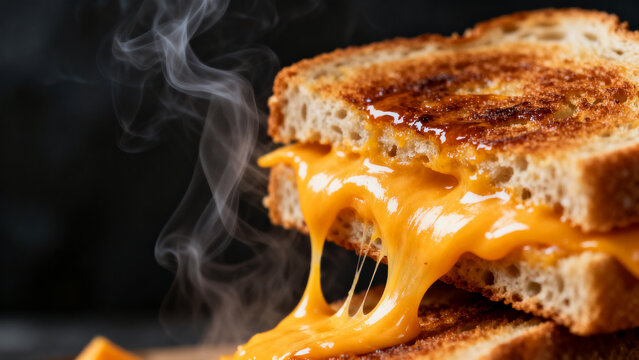 Close up of a toasted grilled cheese sandwich on sourdough bread with thick melted cheddar cheese oozing out and steam rising against a dark moody background.