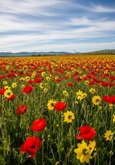 Fototapeta premium Vibrant Field of Red and Yellow Flowers Under a Blue Sky.