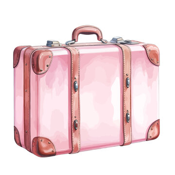 Watercolor Pink Vintage Suitcase with Leather Straps Travel Clipart