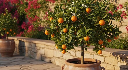Orange tree in a ceramic pot with ripe oranges and green leaves