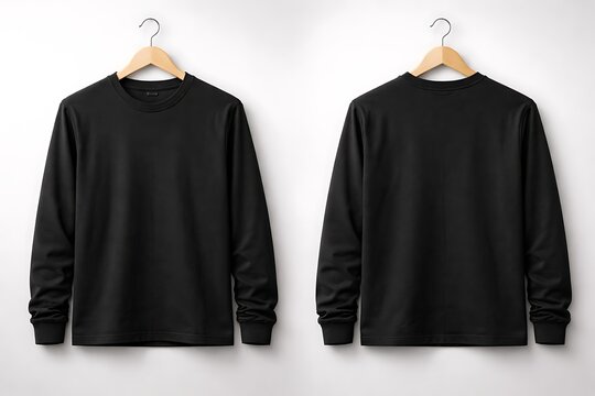 Black Long Sleeve T Shirt Mockup on Wooden Hanger Front and Back View Minimal Studio Background Premium Cotton Apparel Template