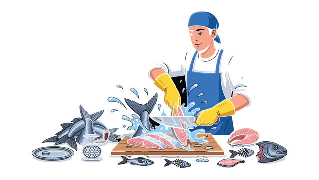 Masterful Fishmonger: An illustration captures a skilled fishmonger expertly filleting fresh fish, showcasing culinary artistry and the preparation of seafood delicacies.