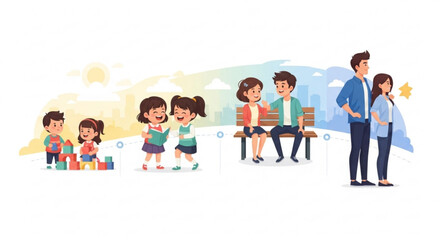 Obraz premium Children playing with blocks and adults relaxing on a bench in a park with a sunny background