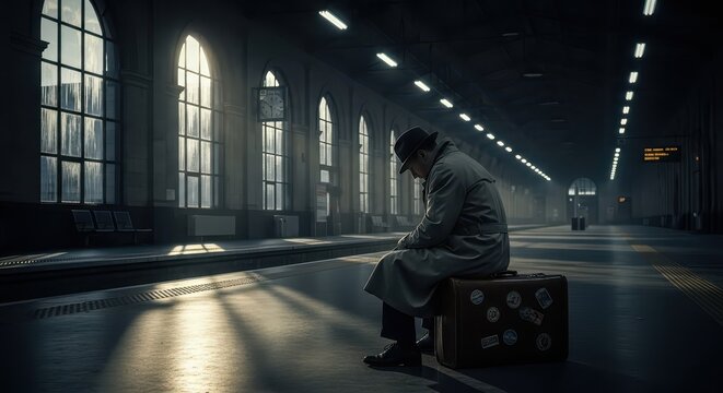 Solitary traveler wearing a fedora and trench coat sits upon luggage in a vast, dimly lit station concourse
