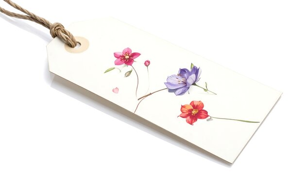 A cream-colored rectangular tag with a knotted twine string attached, decorated with watercolor floral illustrations in pink, purple, and red