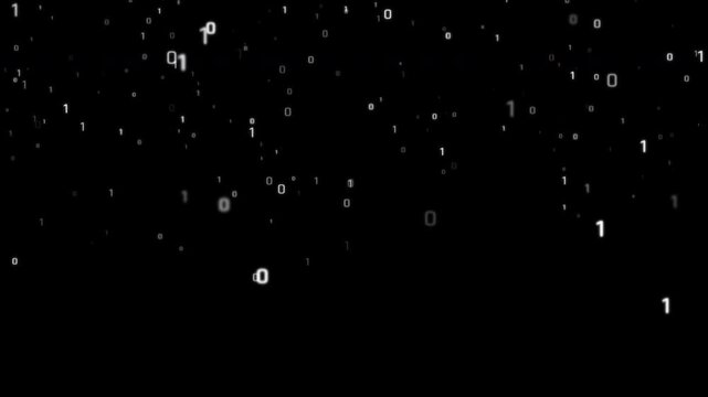 Floating binary numbers with glowing particles on black background, digital data code animation, futuristic technology video overlay template