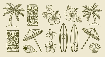 Tropical Hawaiian elements set with tiki masks and surfboards. © Tomo