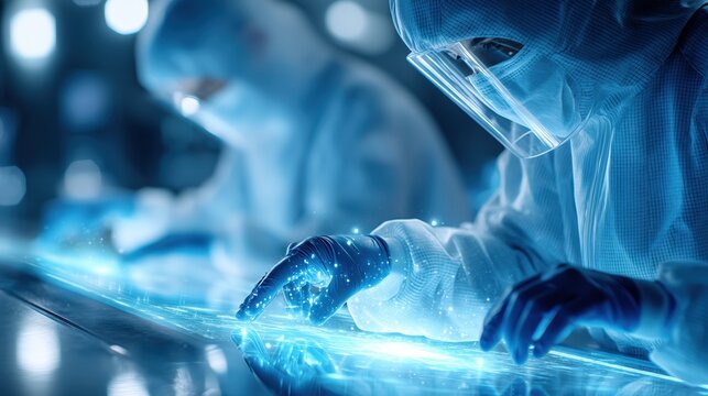 Cleanroom technicians in protective suits inspecting glowing digital interface in semiconductor lab
