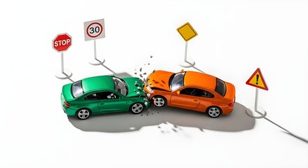 Naklejka premium Car insurance concept with car toys on white background top view copyspace