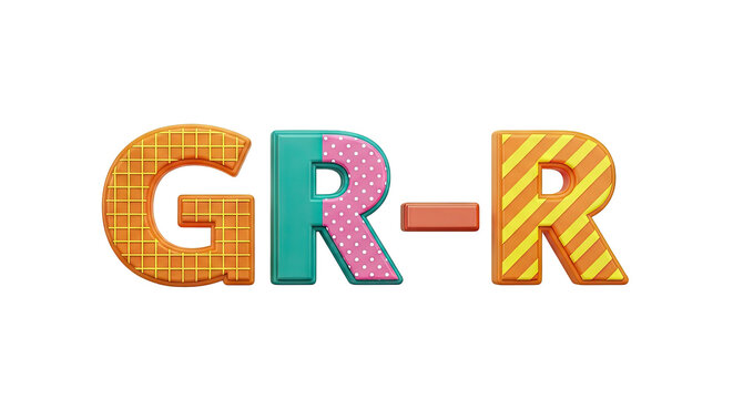 3D "GR-R" text with patterned letters and a hyphen