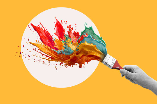 iquid splash color design and paintbrush. Gradient colorful abstract background. Flat design.