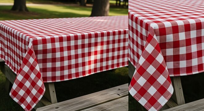Red and White Gingham Tablecloth on Picnic Table.