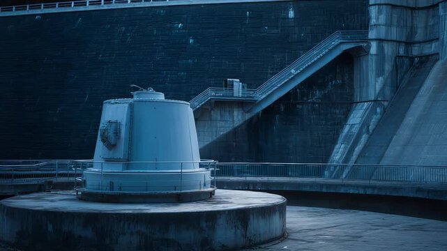 Large concrete hydroelectric dam structure featuring access stairs, industrial components, and a sturdy railing protecting the facility, highlighting powerful engineering and green technology