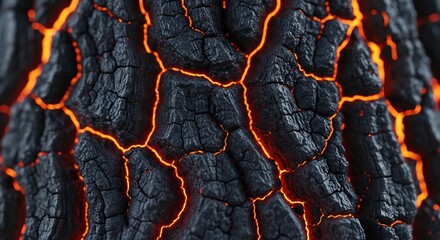 Close-up of Glowing Embers within Cracked Charcoal Texture.