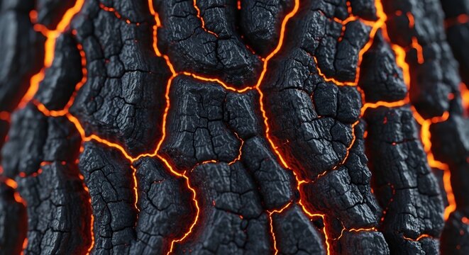 Close-up of Glowing Embers within Cracked Charcoal Texture.