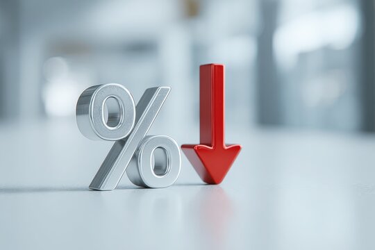 Percentage symbol next to red arrow pointing down. 3d percent sign on office background. Seasonal sale, discount. Rate for finance, return. Investment ROI. Financial concept. Falling interest rates