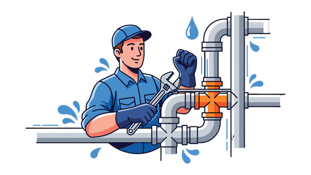 Professional Plumbing: A skilled plumber in a blue uniform, meticulously inspects a complex network of pipes with a wrench in hand.