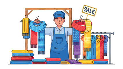 Shopkeeper Displaying Scarves: A shopkeeper stands proudly, showcasing a vibrant array of scarves during a sale, offering customers a diverse selection of cozy accessories. © Abu