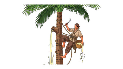 Date Palm Tapper Harvesting Nectar: An illustration showcasing a date palm tapper at work, meticulously extracting sweet nectar from a date palm tree. © Abu